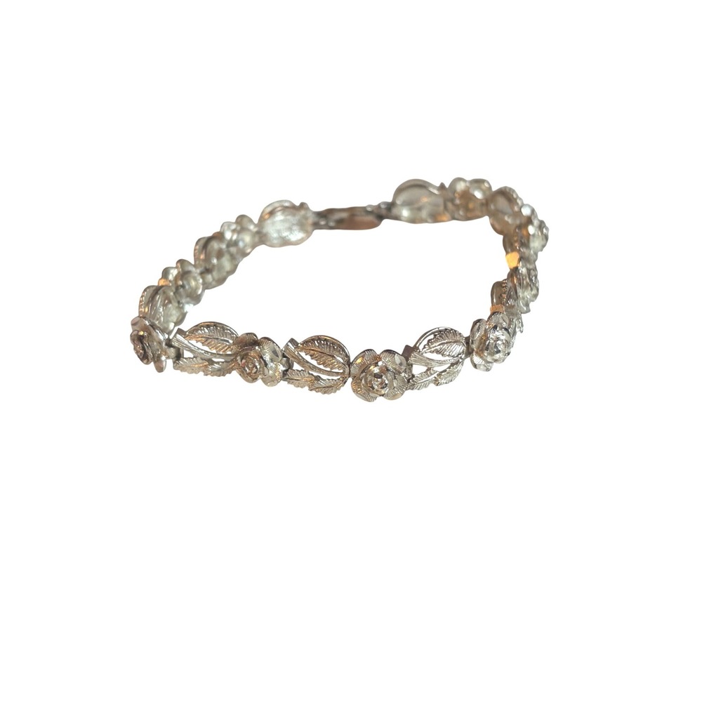 Sterling Silver Rose and Leaf Floral Link Bracelet Vintage Style 925 Heart Mark